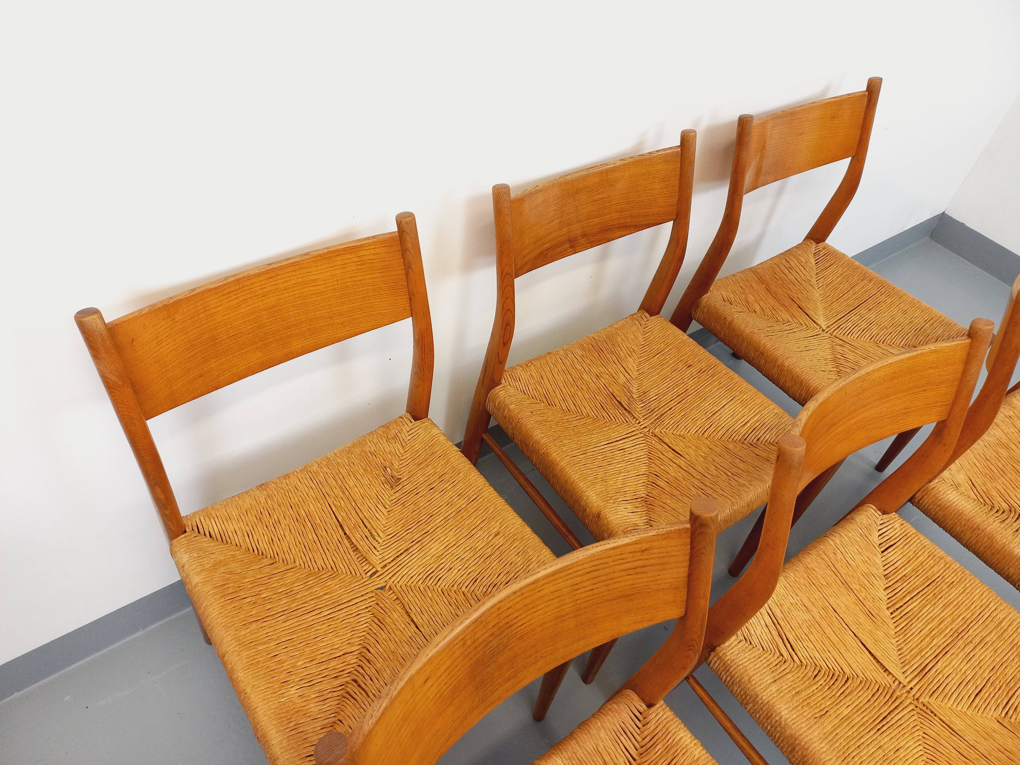 Set of 6 vintage teak Danish rope chairs Gessef Consorzio Sedie Friuli