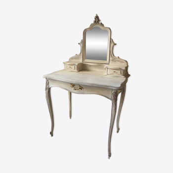 Coiffeuse patine gris blanc table miroir 2 tiroir shabby chic