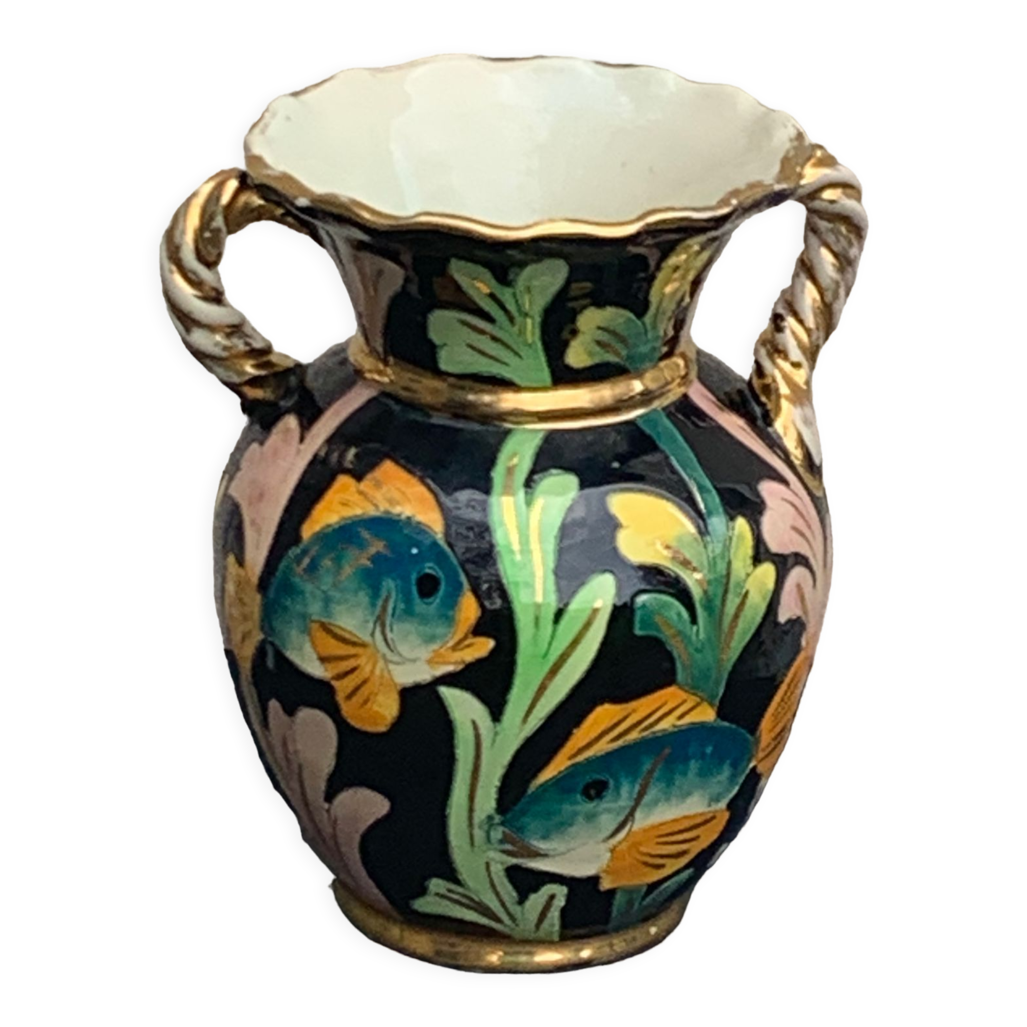 Amphora vase in glazed ceramic vintage vallauris fish motifs