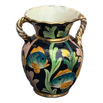 Amphora vase in glazed ceramic vintage vallauris fish motifs