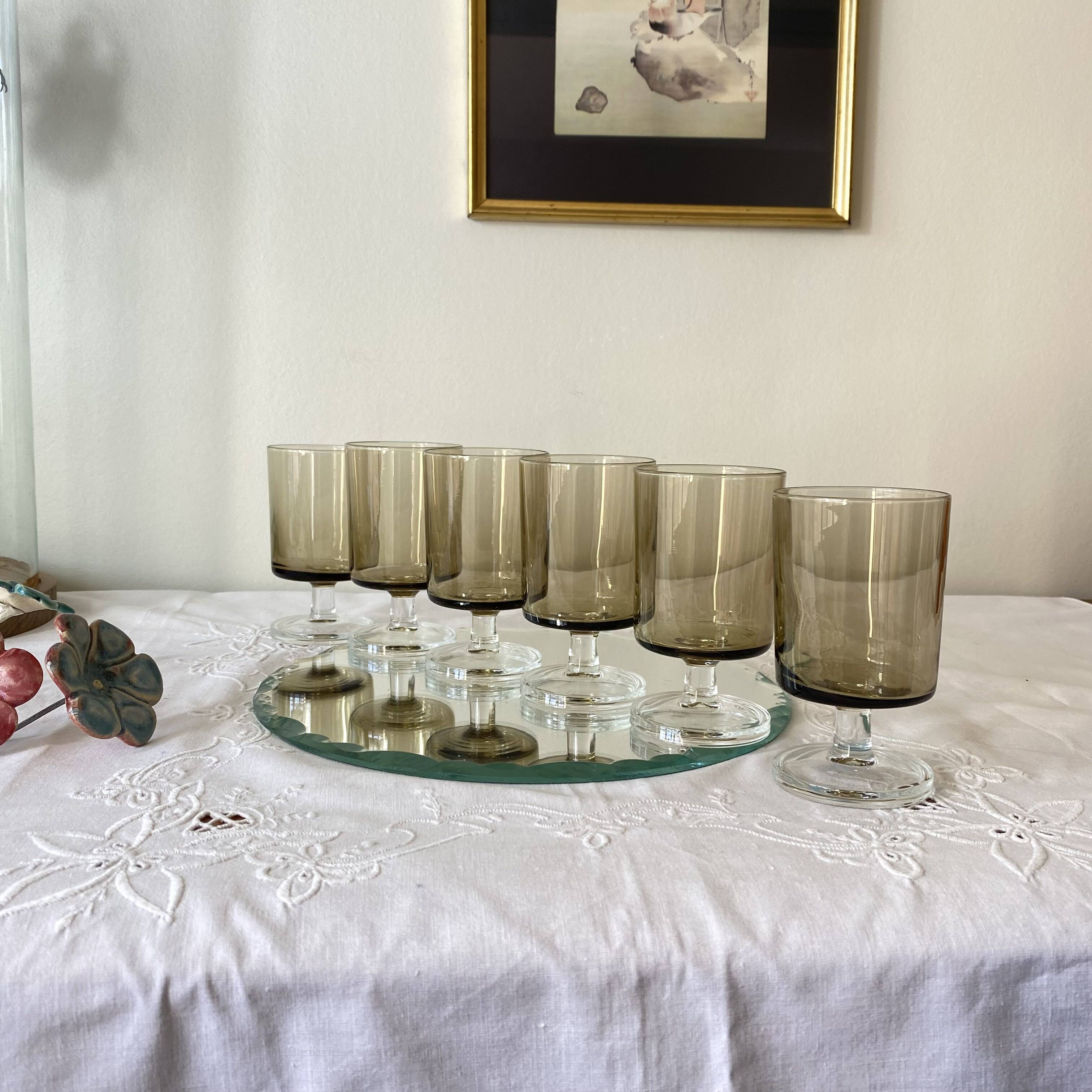 6 vintage grey smoked glasses Luminarc model Sweden wine or water glasses