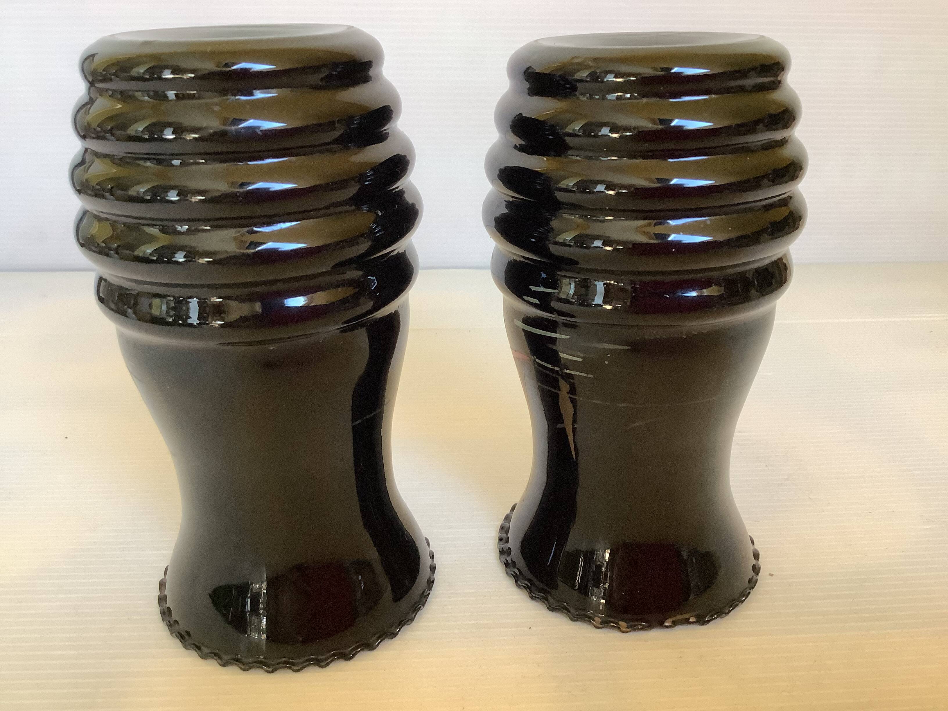 Pair of small painted black opaline vases