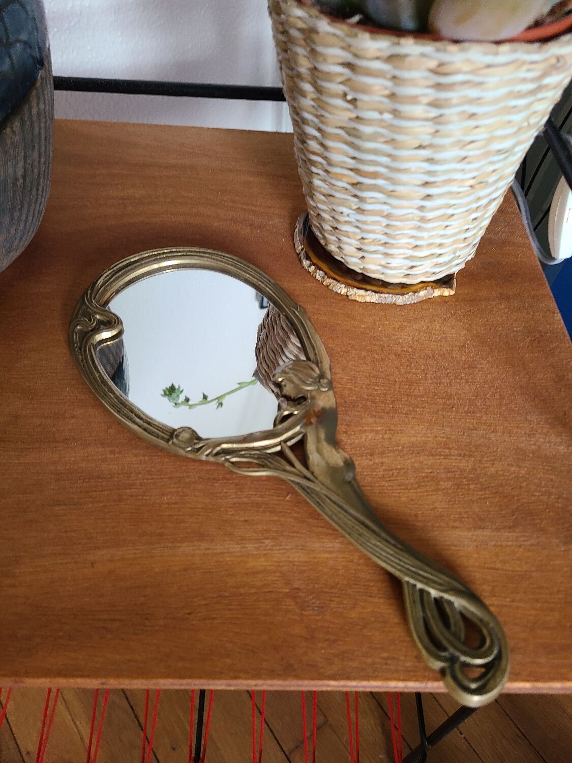 Old bronze mirror by hand, art deco woman's nude