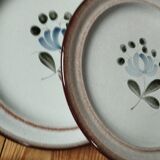 Beige stoneware flat plates with blue/gray flower by MBFA Pornic model Fanchon, set of 6