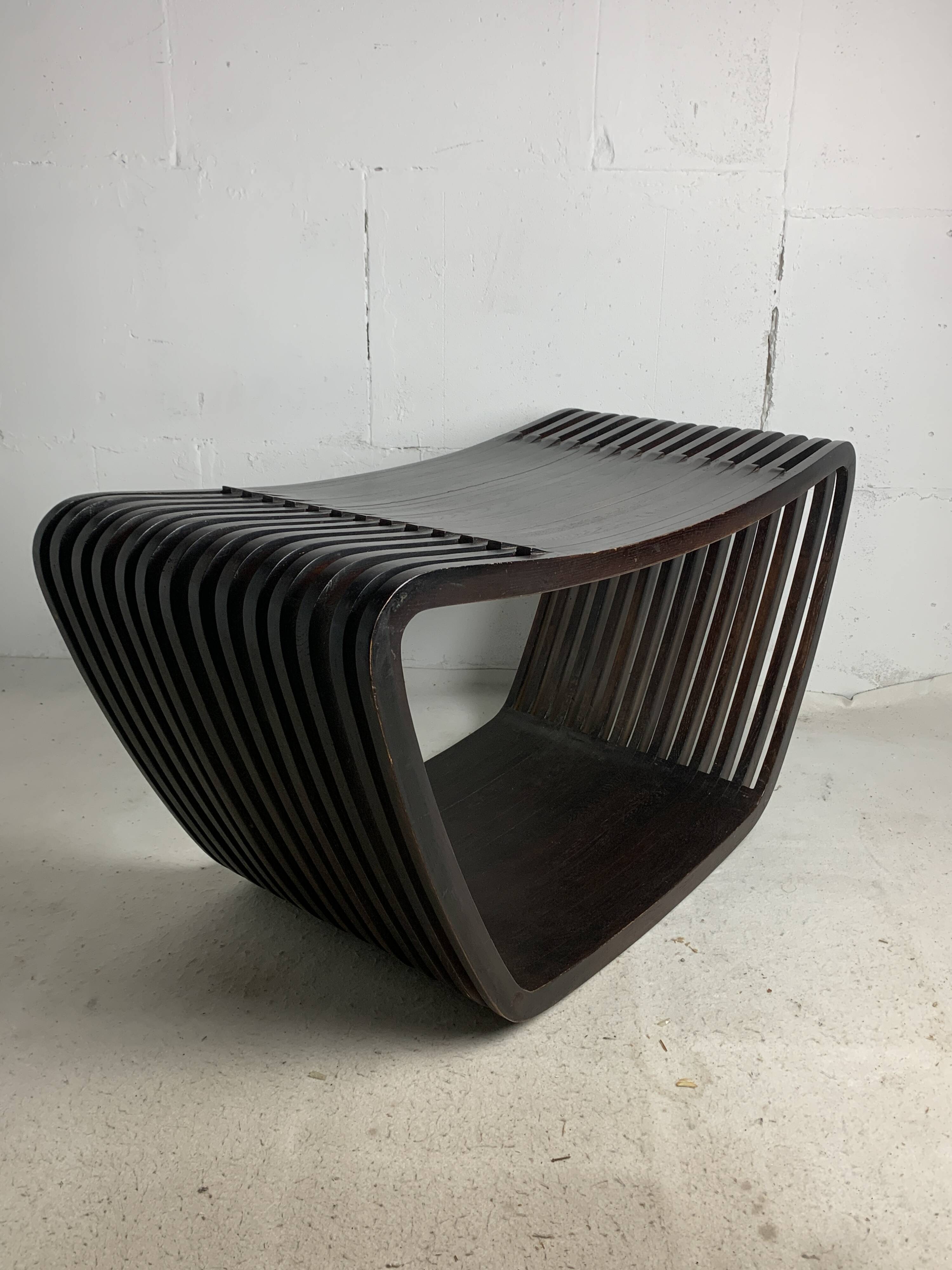 Post modern Dutch slatted wooden wavy curvy bench or  coffee table, 1970s