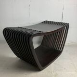 Post modern Dutch slatted wooden wavy curvy bench or  coffee table, 1970s