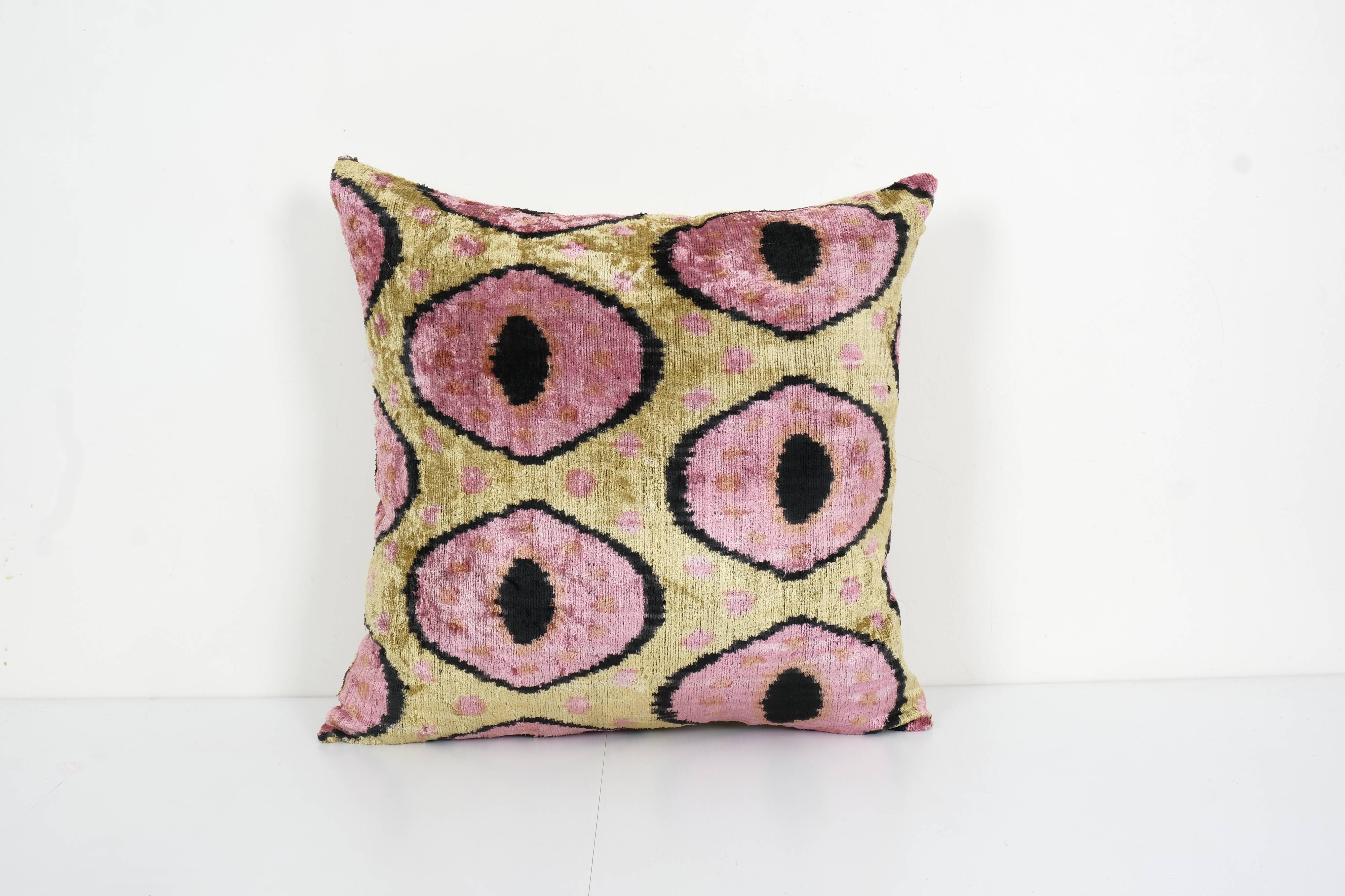 Pink Silk Ikat Velvet Pillow, Christmas Gift Cushion, Tribal Square Silk Ikat Pillow 23" x 23"