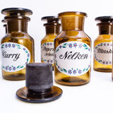Set of 6 canister for spices, amber glass apothecary bottles