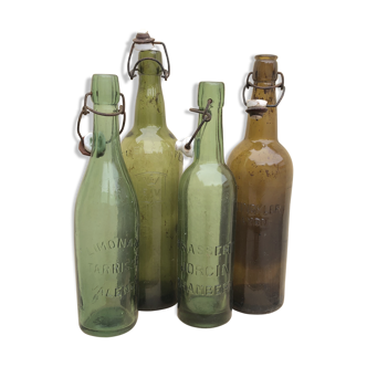 Lot 4 bottles old beers and lemonades blown glass and bistro porcelain