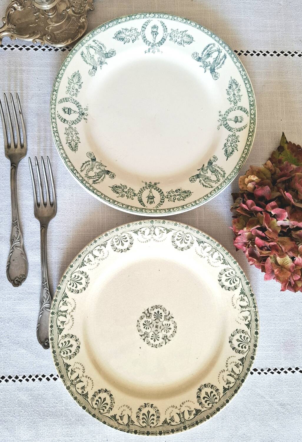 Mismatched antique ironstone earthenware plates