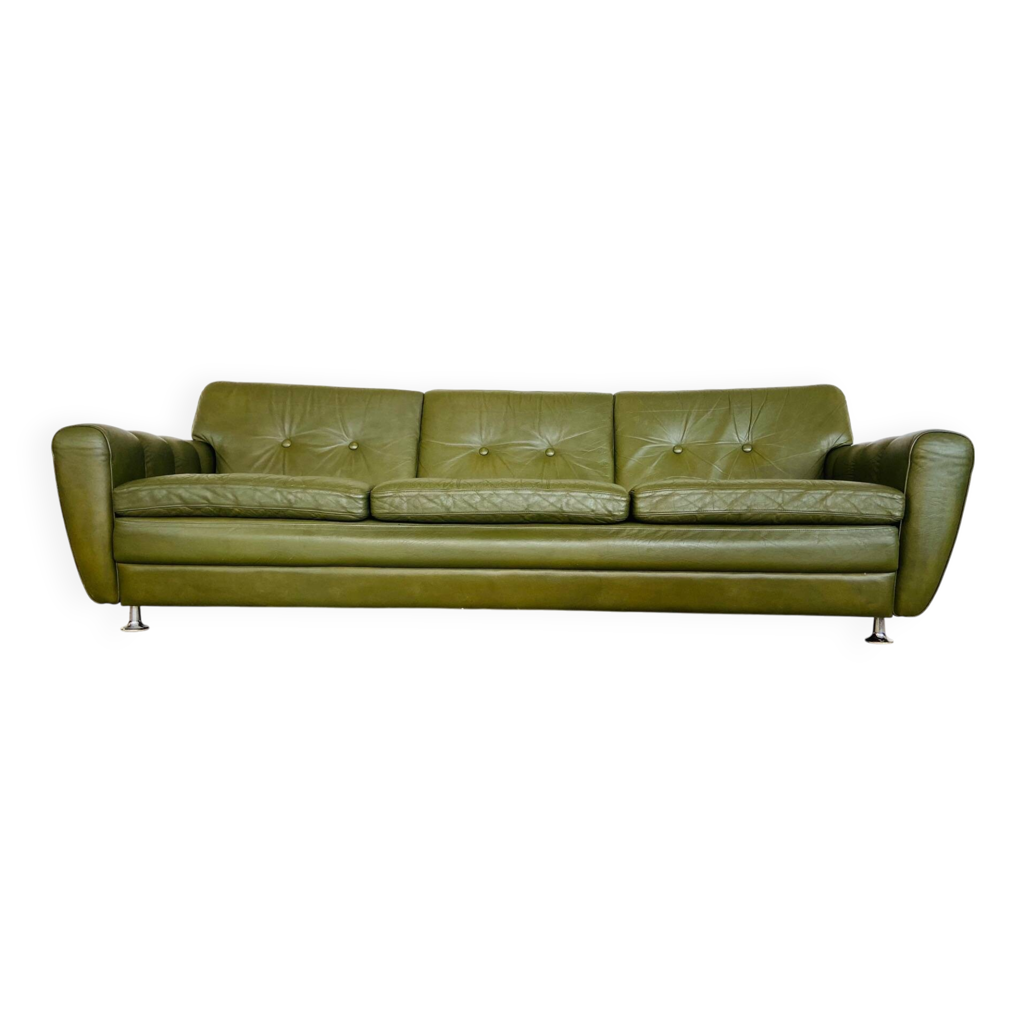Vintage danish 3 person svend skipper lounge sofa in olive green leather