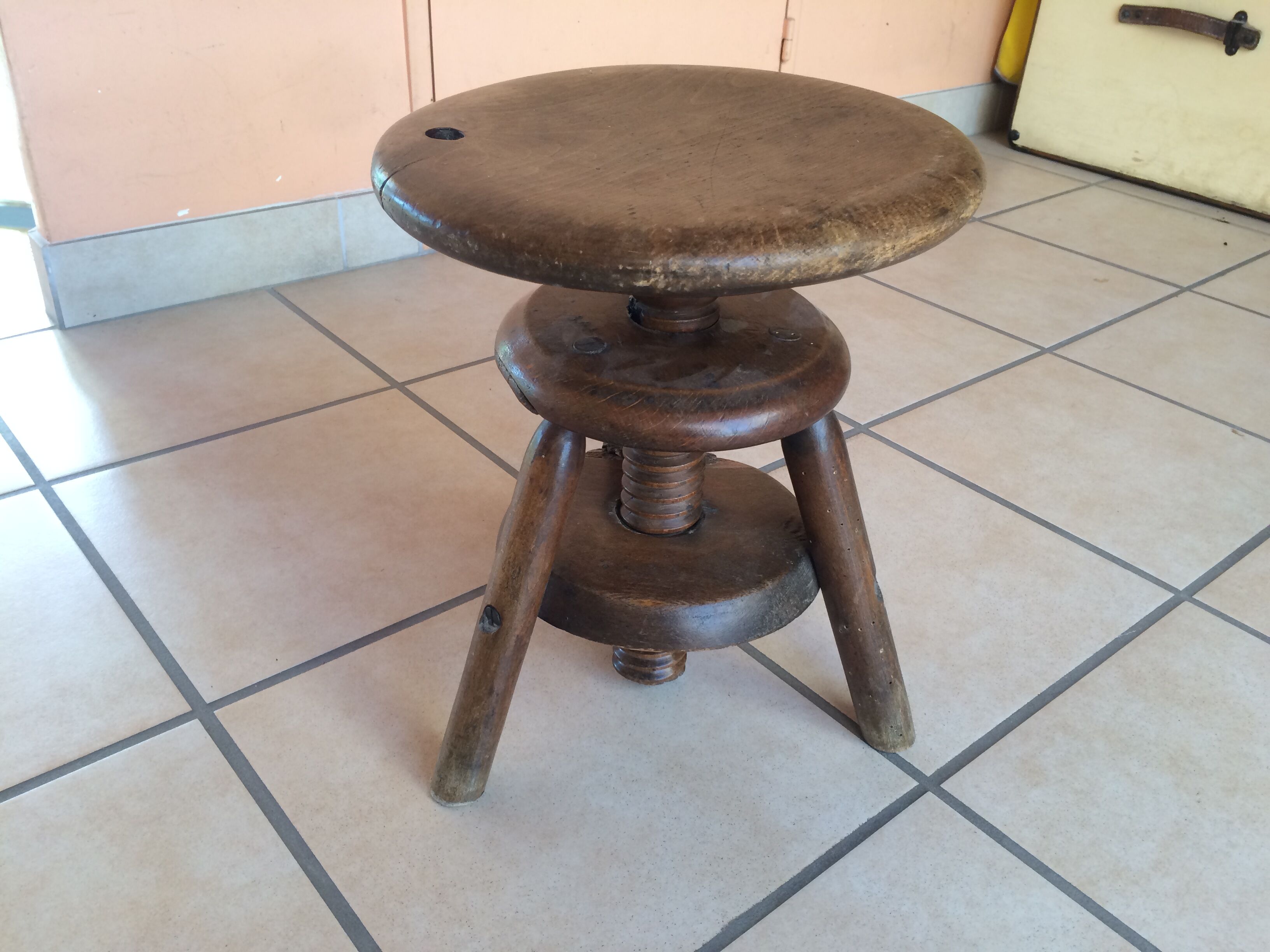 Old solid oak stool adjustable in height 50