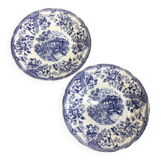 2 assiettes paysage et fleurs bleues Promogros