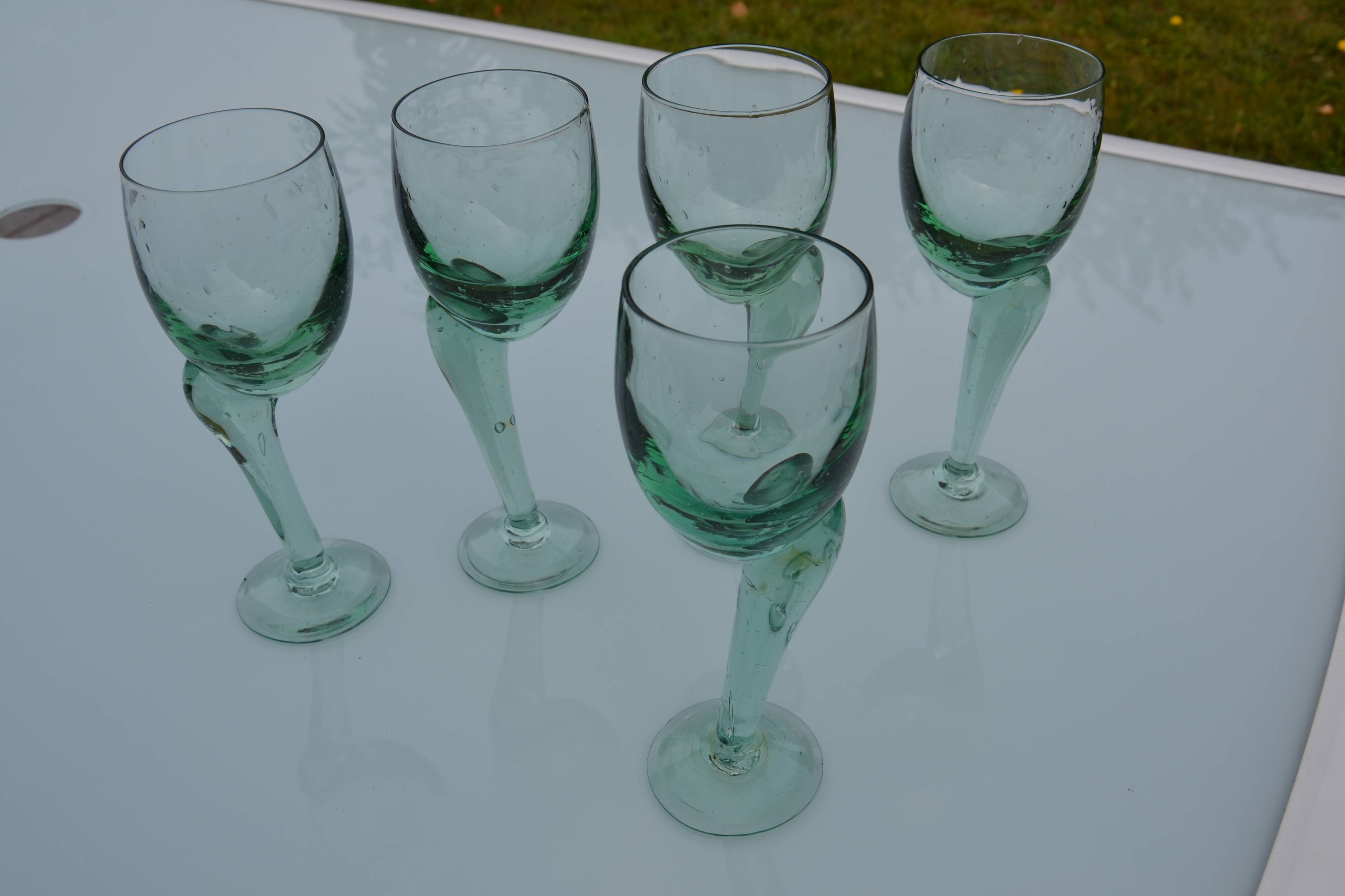 Hand-blown, bubbled stemmed glasses with offset feet