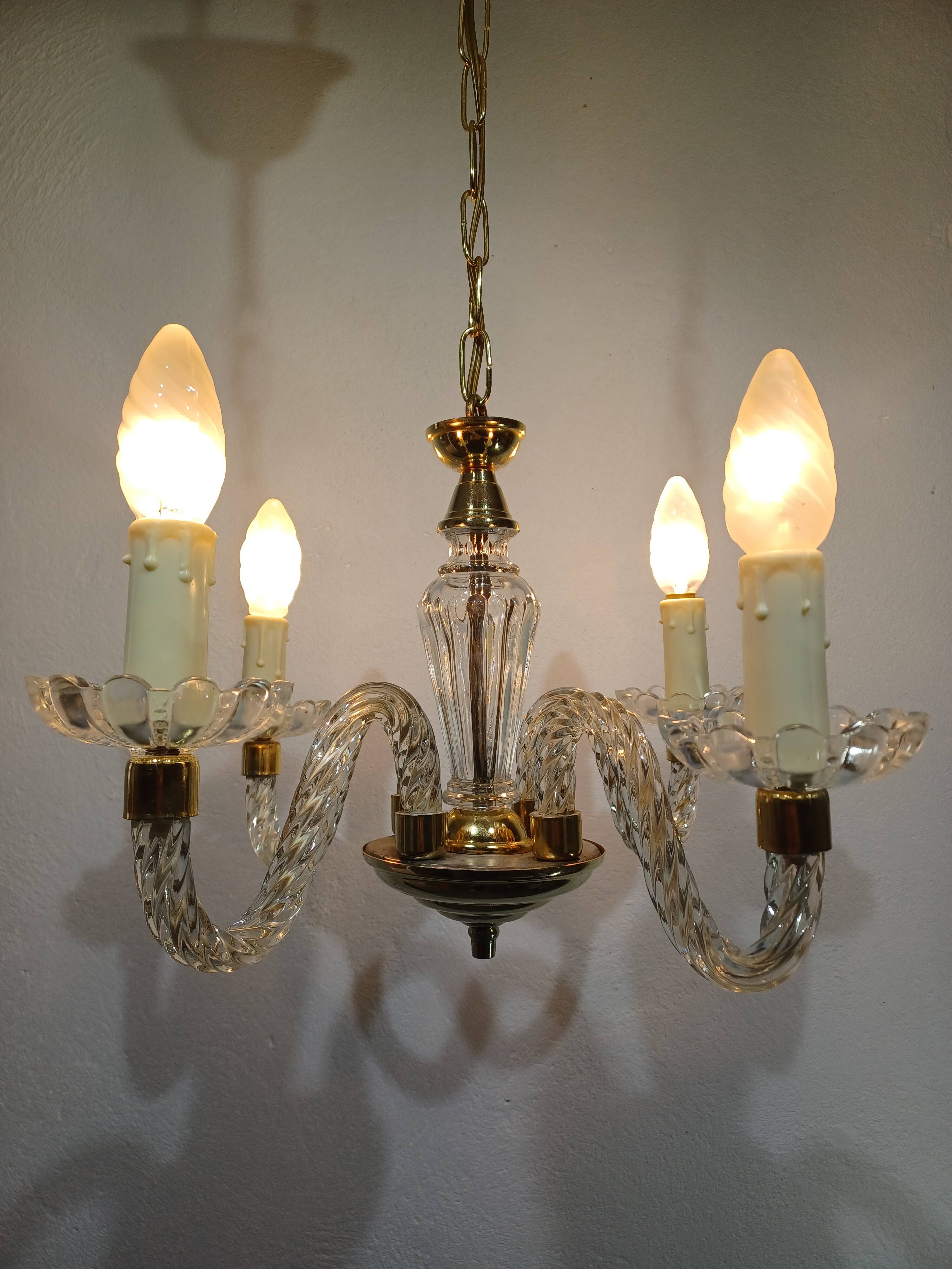 4-light glass and brass chandelier
