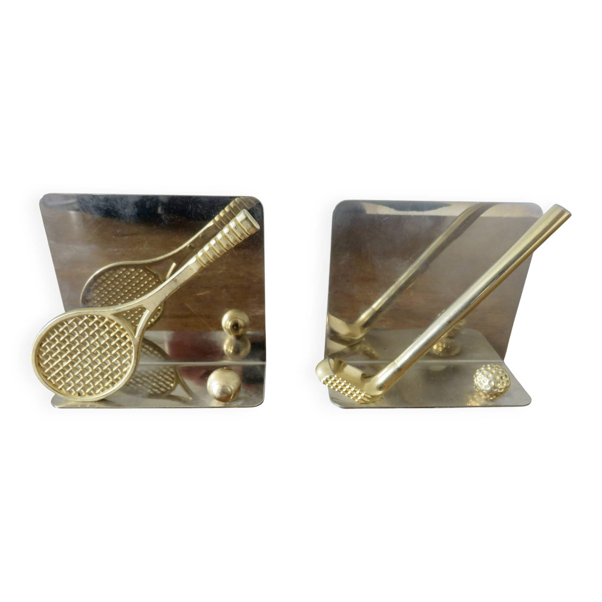 Serre livres en métal chromé et laiton "tennis & golf" années 70