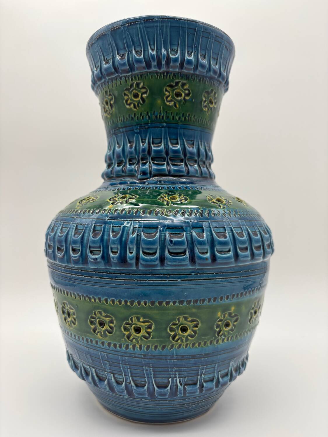 Aldo Londi vase, Rimini Blue, blue-green glazed ceramic, Bitossi, 1960