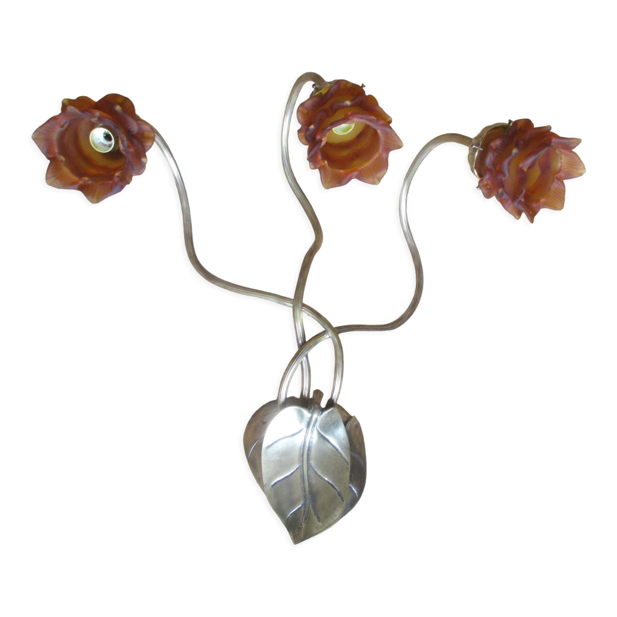 2 brass appliques leaves flowers tulip glass paste