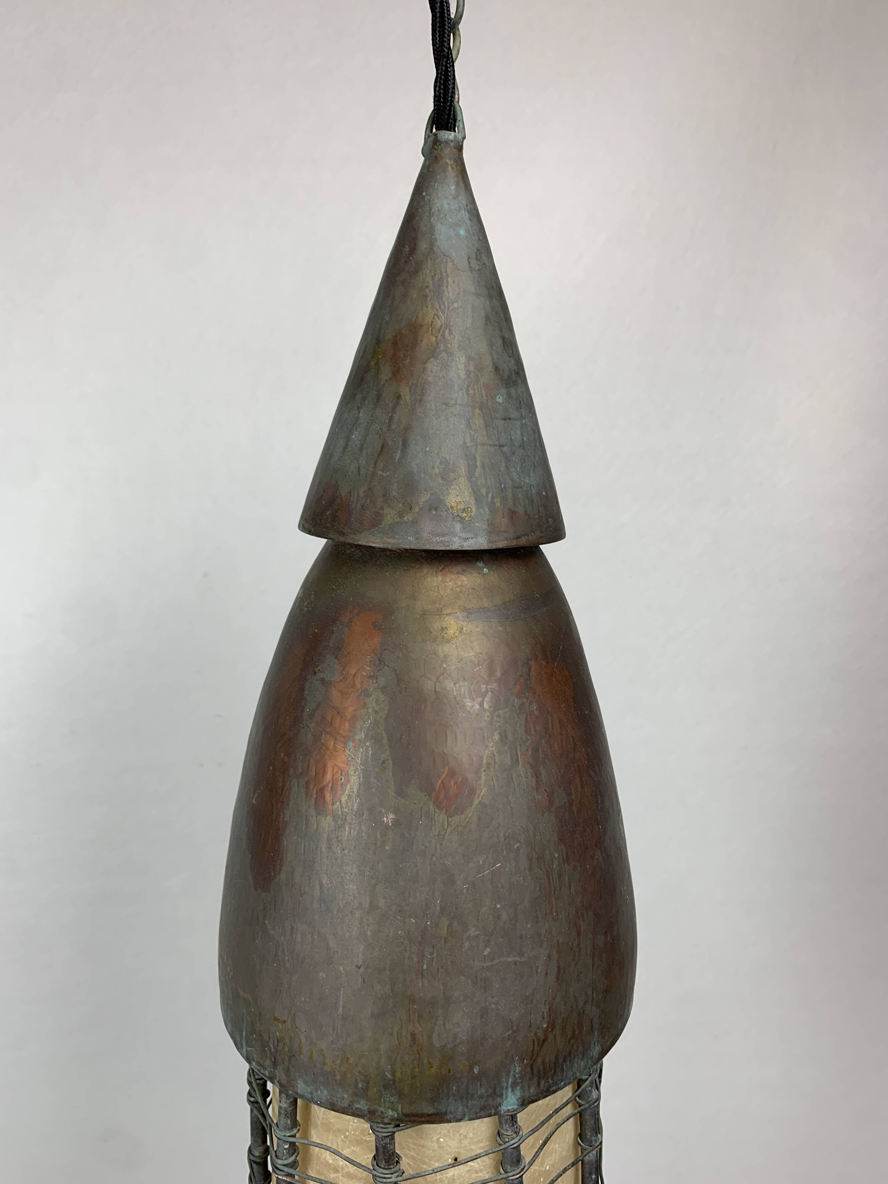 Patinated rustic copper and steel floor lamp with lantern, Indonesia 1980s