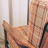 Scandinavian armchair in natural wool, orange, checked, 1965, Z. Baczyk