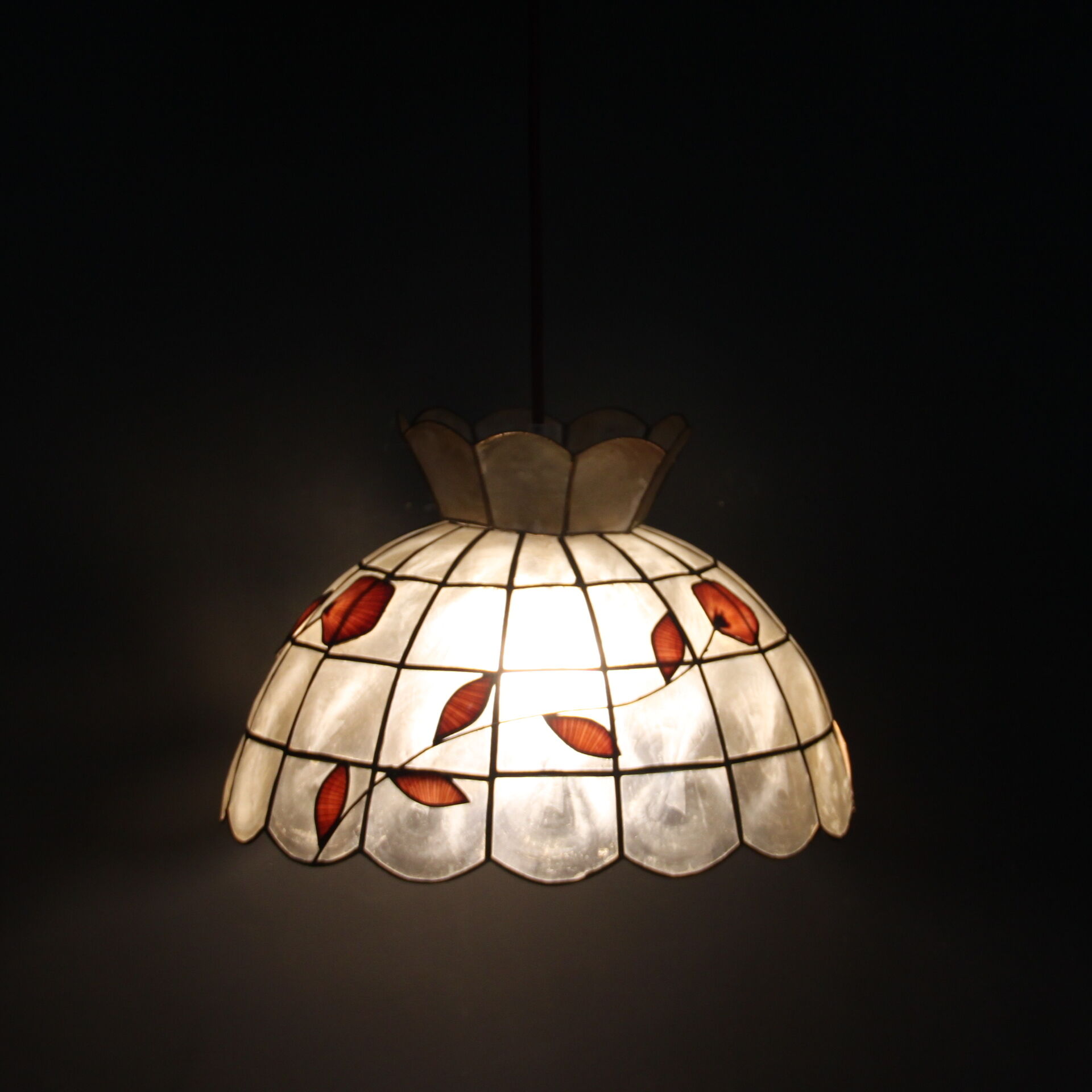 Chandelier pendant lamp Lampshade brass, shells 1950
