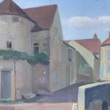 old painting oil on wood architecture village