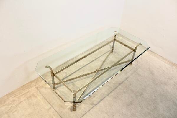 Table basse en laiton, chrome et verre, France 1970