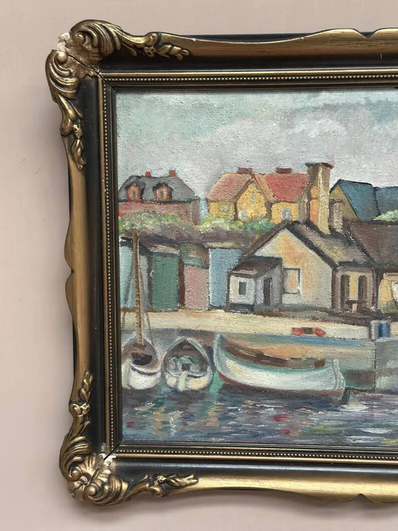 Original Swedish Oil on Panel – “Village and Harbour” by G. Fogler – Signed – Vintage & Framed – 49 × 39 cm (19.2" × 15.3")