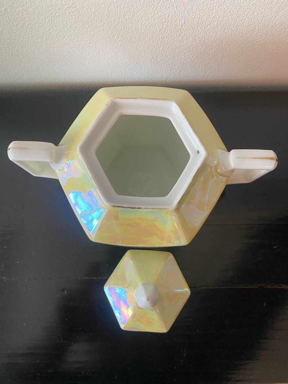 Vintage art deco sugar bowl in iridescent yellow