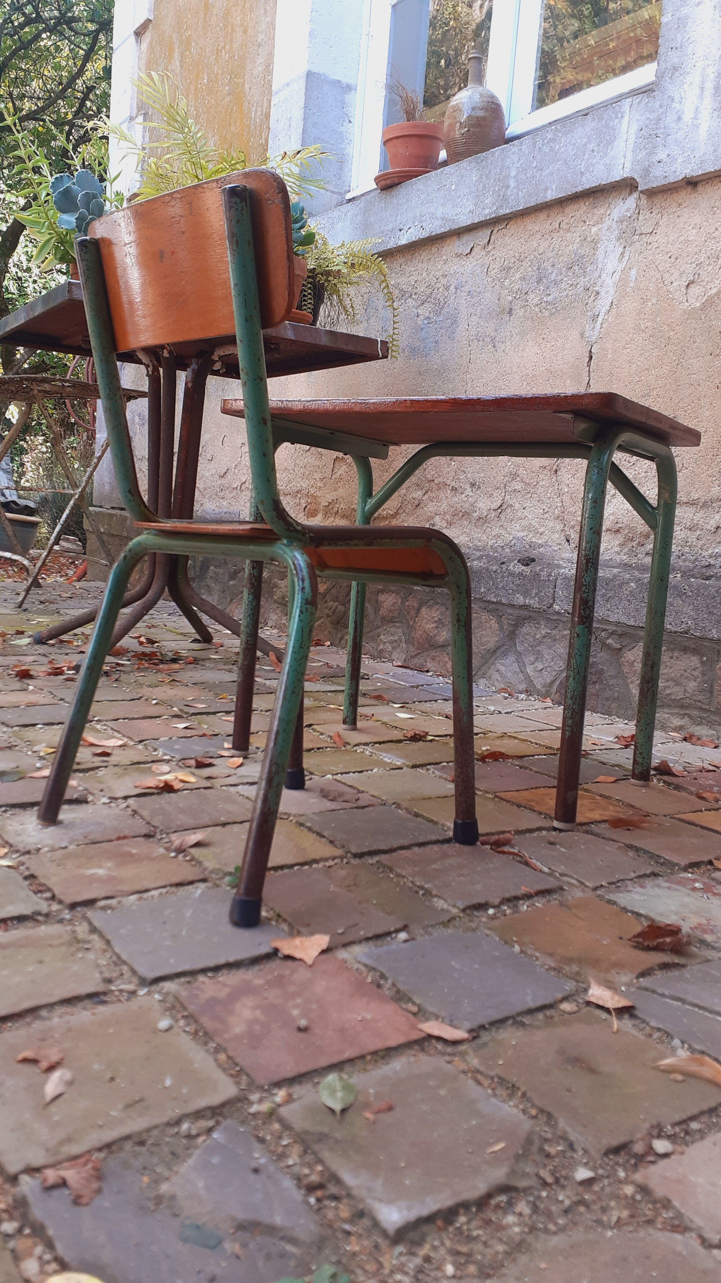 Teak children's desk table and his chair, vintage 50s/60s