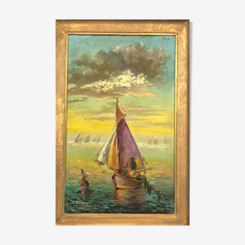 Huile sur toile signée vintage, " Couché de soleil sur la mer"