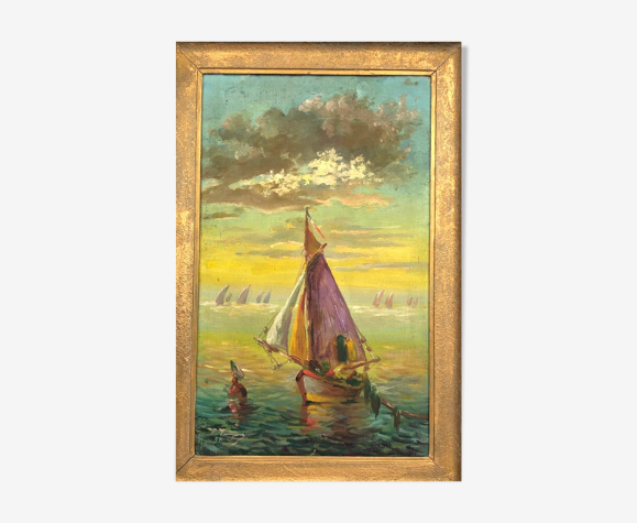 Oil on canvas signed vintage, "Sunset over the sea"