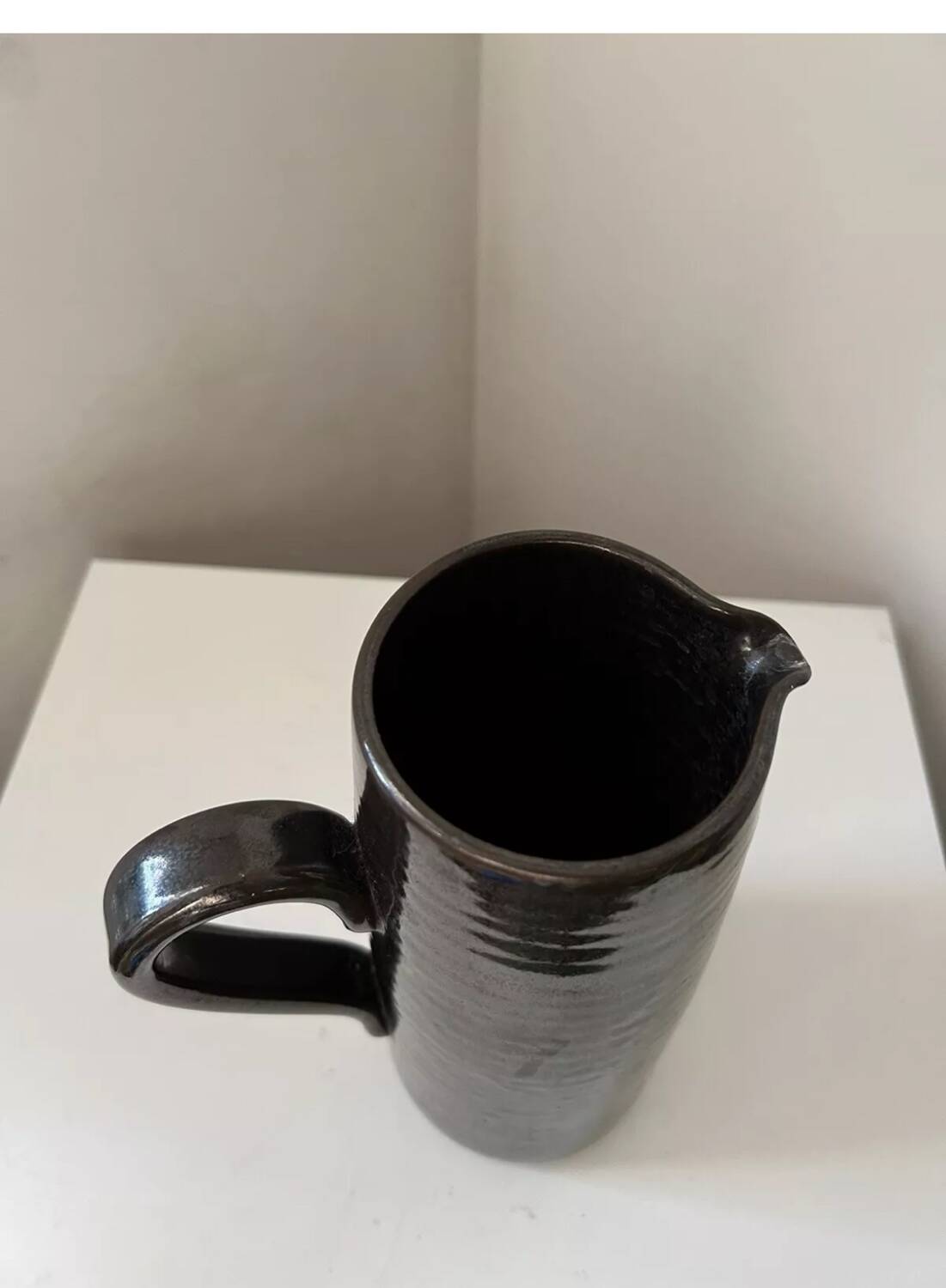 Vintage 1950s black and brown glazed stoneware pitcher/jug