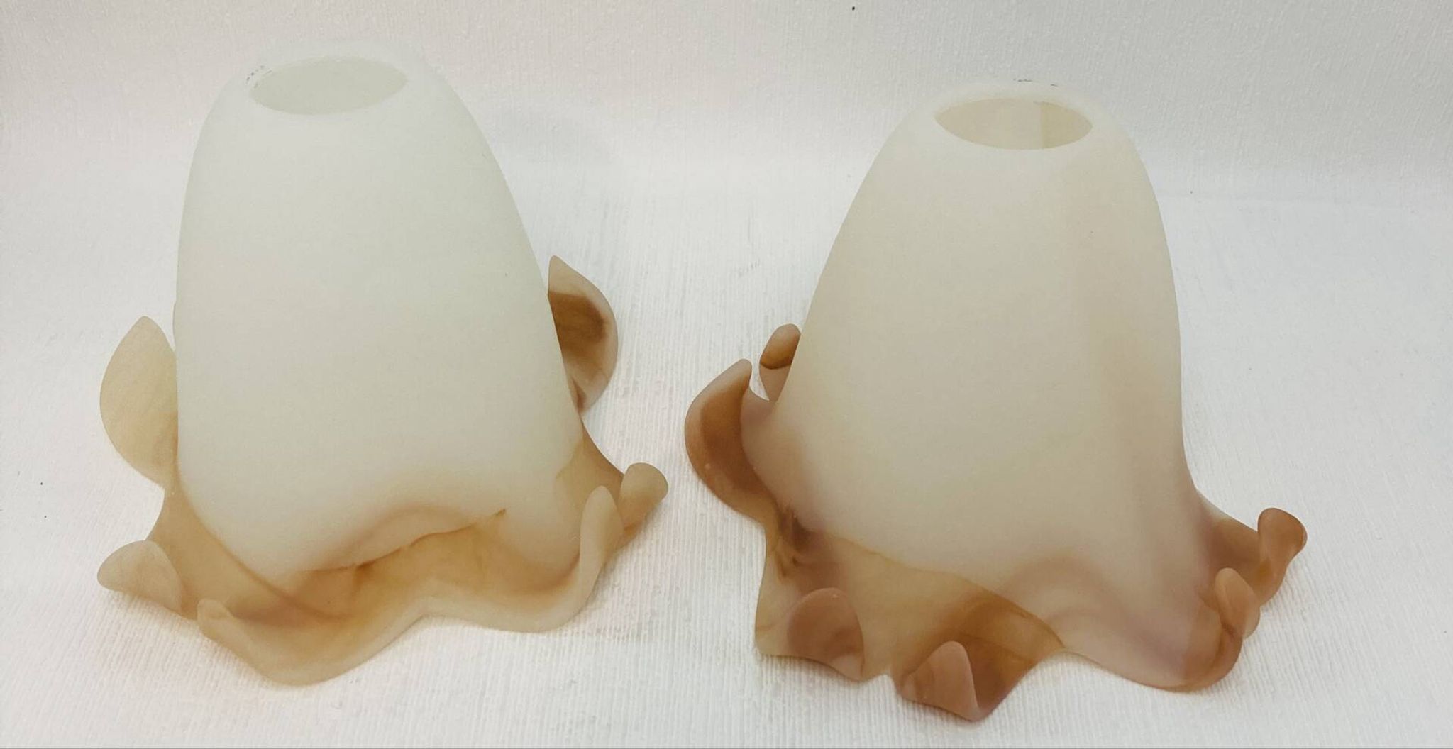 Pair of vintage opaline tulip lampshades with caramel marbled frill edge.