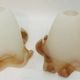 Pair of vintage opaline tulip lampshades with caramel marbled frill edge.