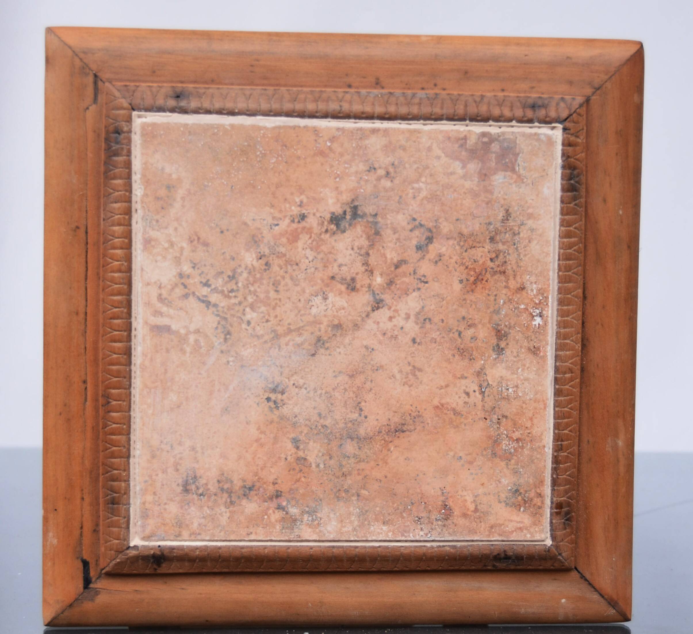 Art Nouveau wood stand planter with stone plaque