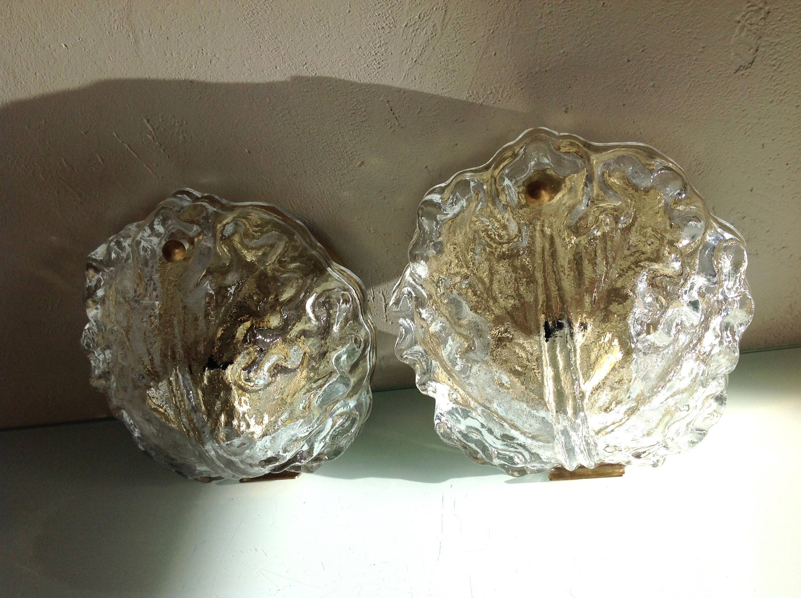 Pair of ice glass and brass wall lights by Limburg / vintage 60s-70s