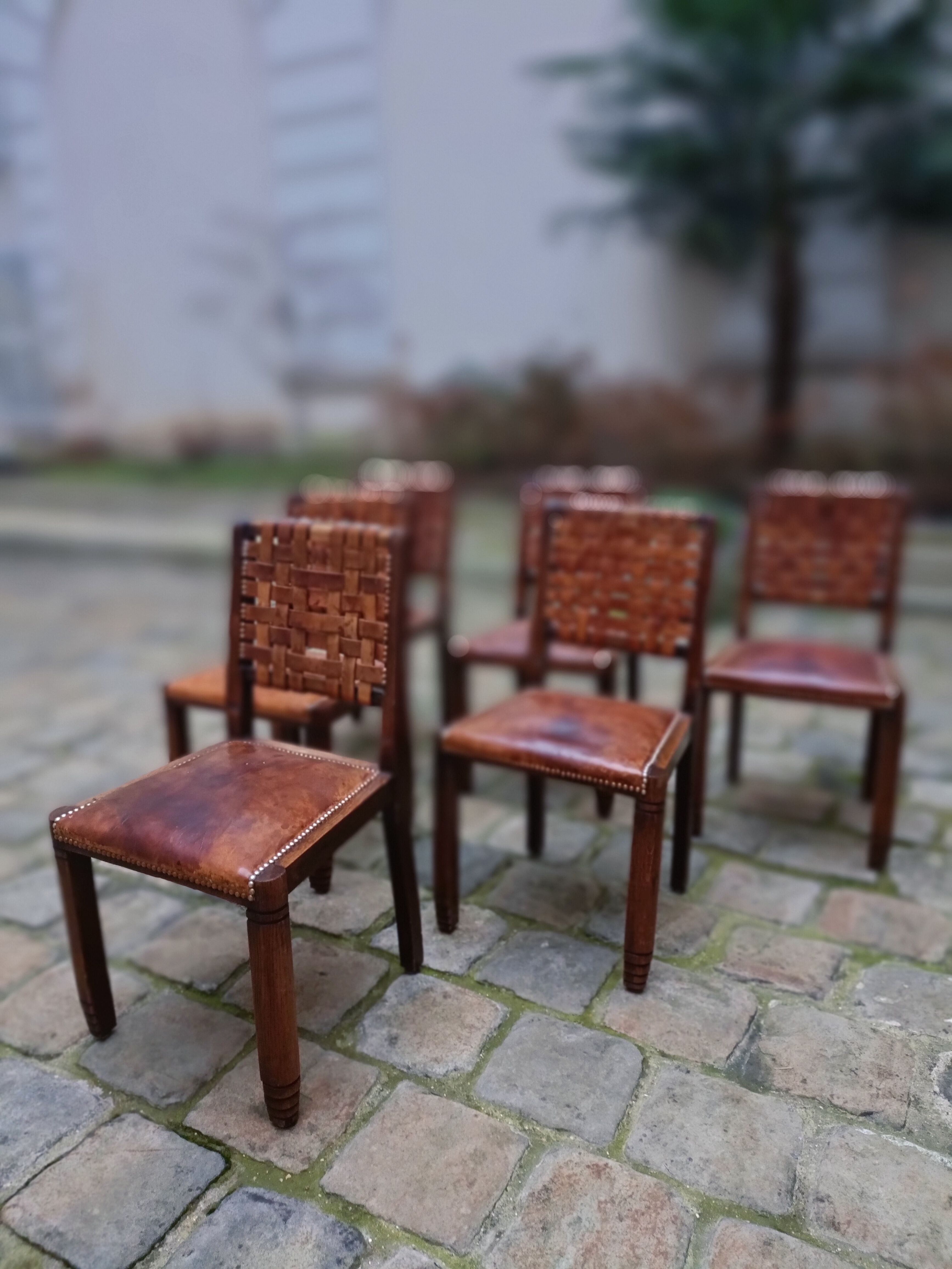6 chairs brutalist 50s leather and wood