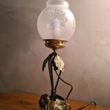 Wrought iron lamp art deco patinated gold with its opaque glass decorer pattern 40x14