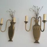 Pair of brass and crystal wall sconces