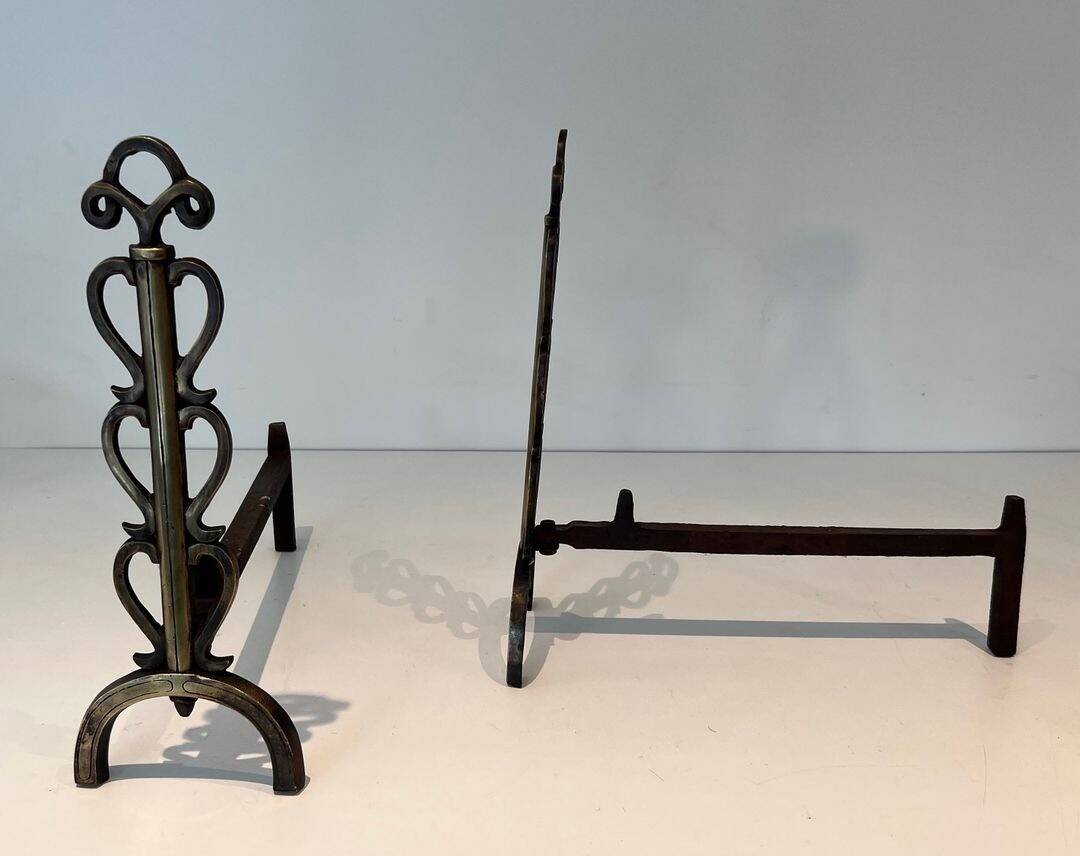 Pair of Brass and Wrought Iron Chenets with Scroll Columns and Arched Bases