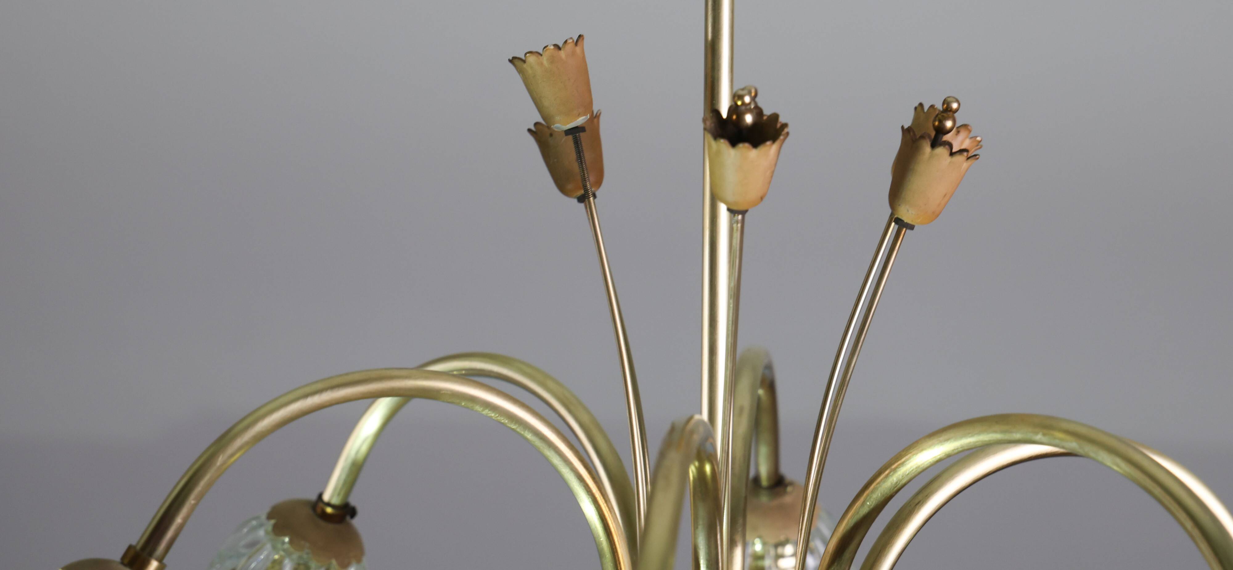 Art Deco Murano Glass and Brass Chandelier, 6 light, 1950