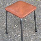 Vintage square stool in steel and brown leather.