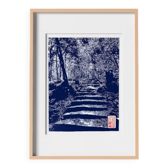 Linocut of a winding path in the Kurama forest Prussian blue