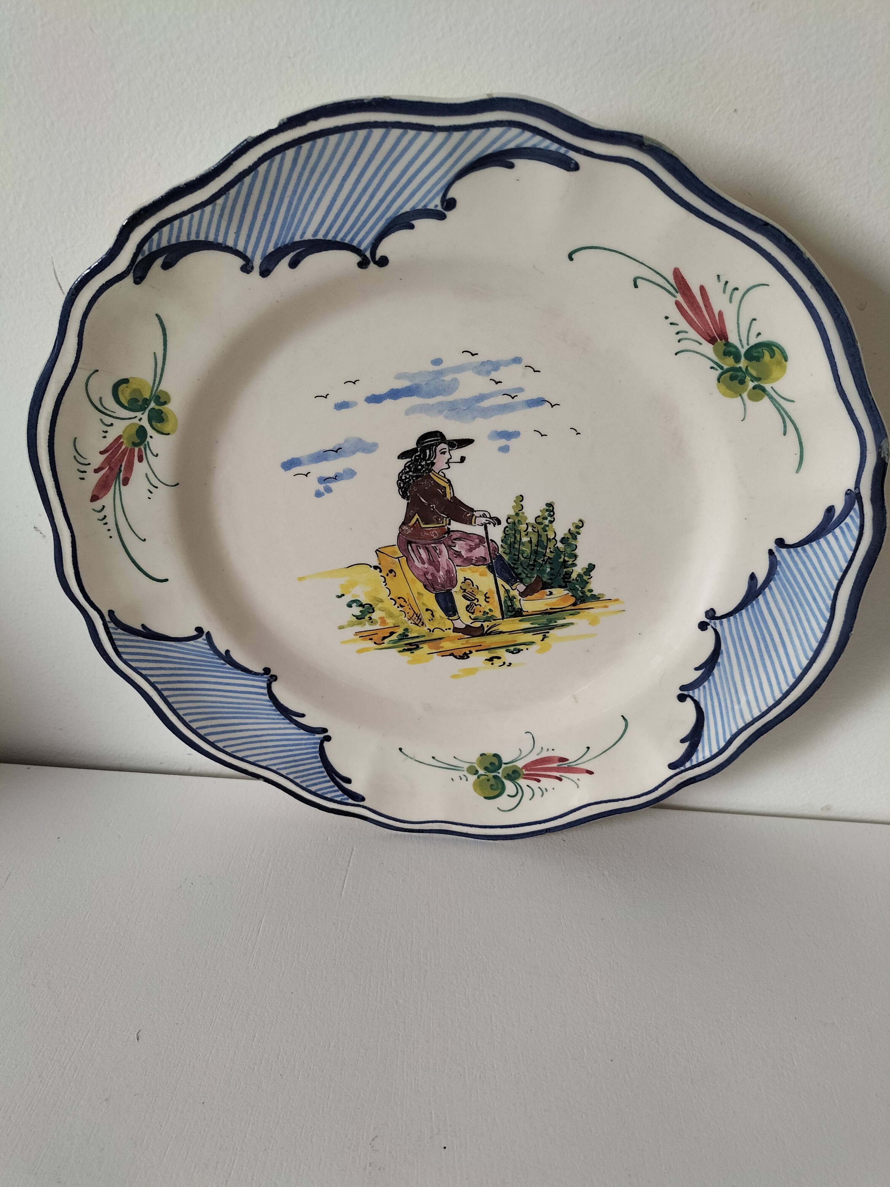 Vintage Breton earthenware plate – naive decor signed MF – Brittany