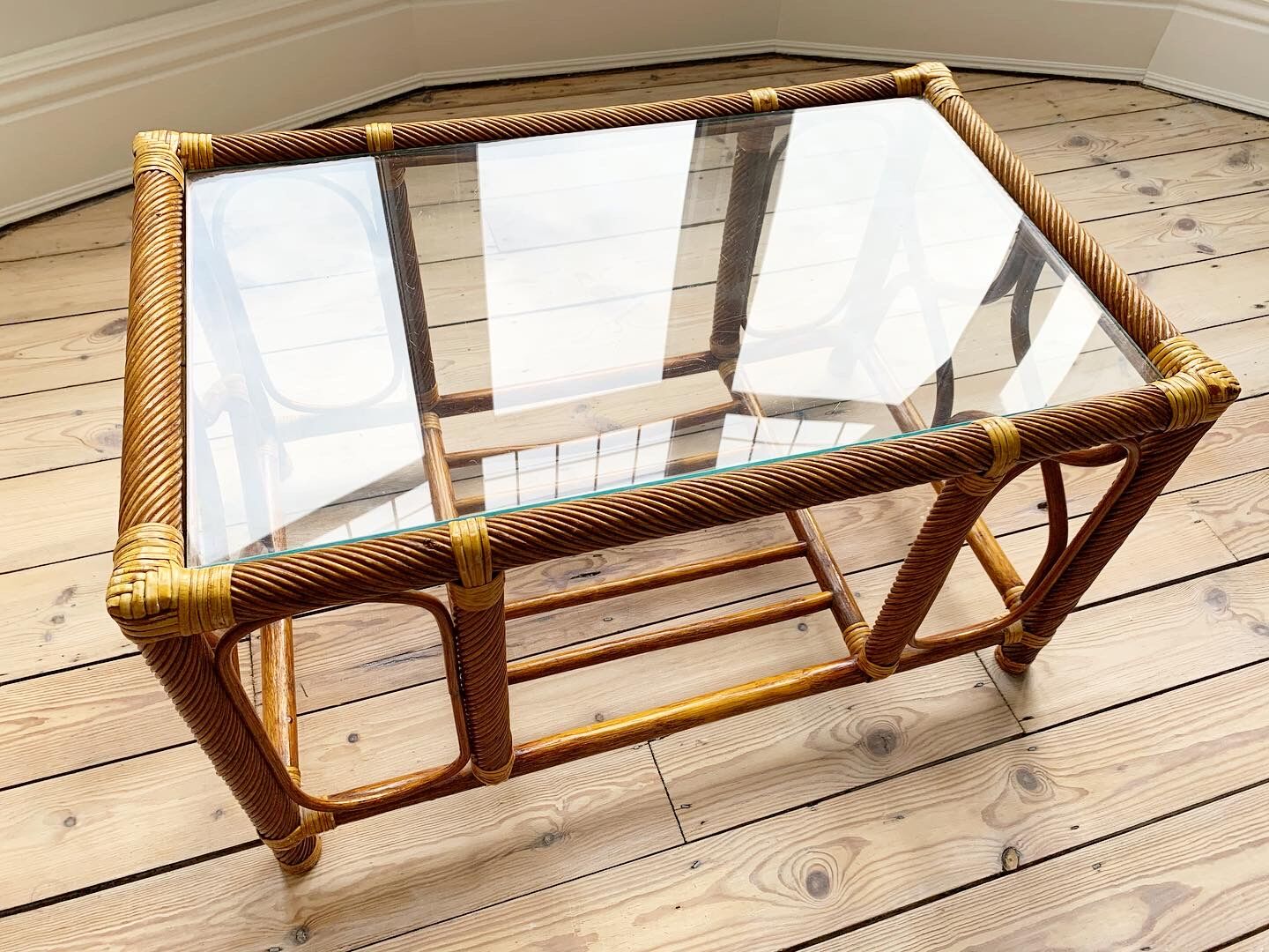 Bamboo rattan glass mid century coffee table