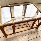 Bamboo rattan glass mid century coffee table