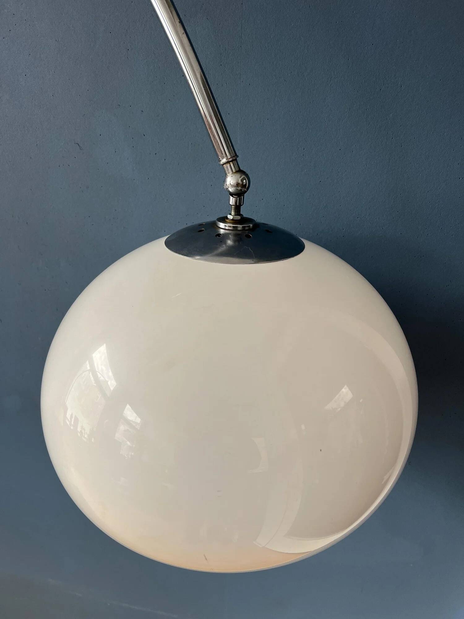Vintage Guzzini Space Age arc floor lamp with white mushroom shade and marble base