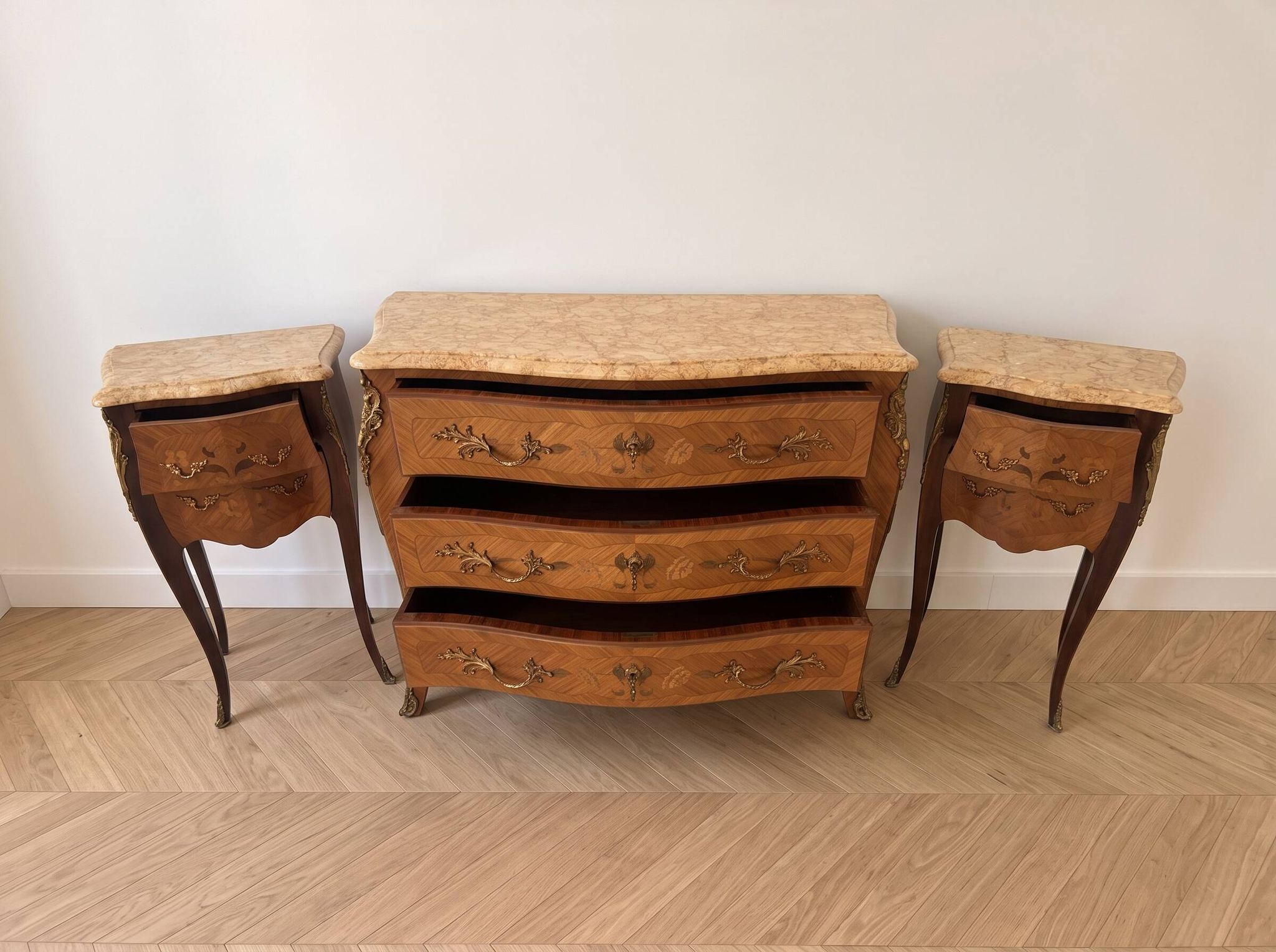 Louis XV bedside table set with 2 nightstands in wood and marble.
