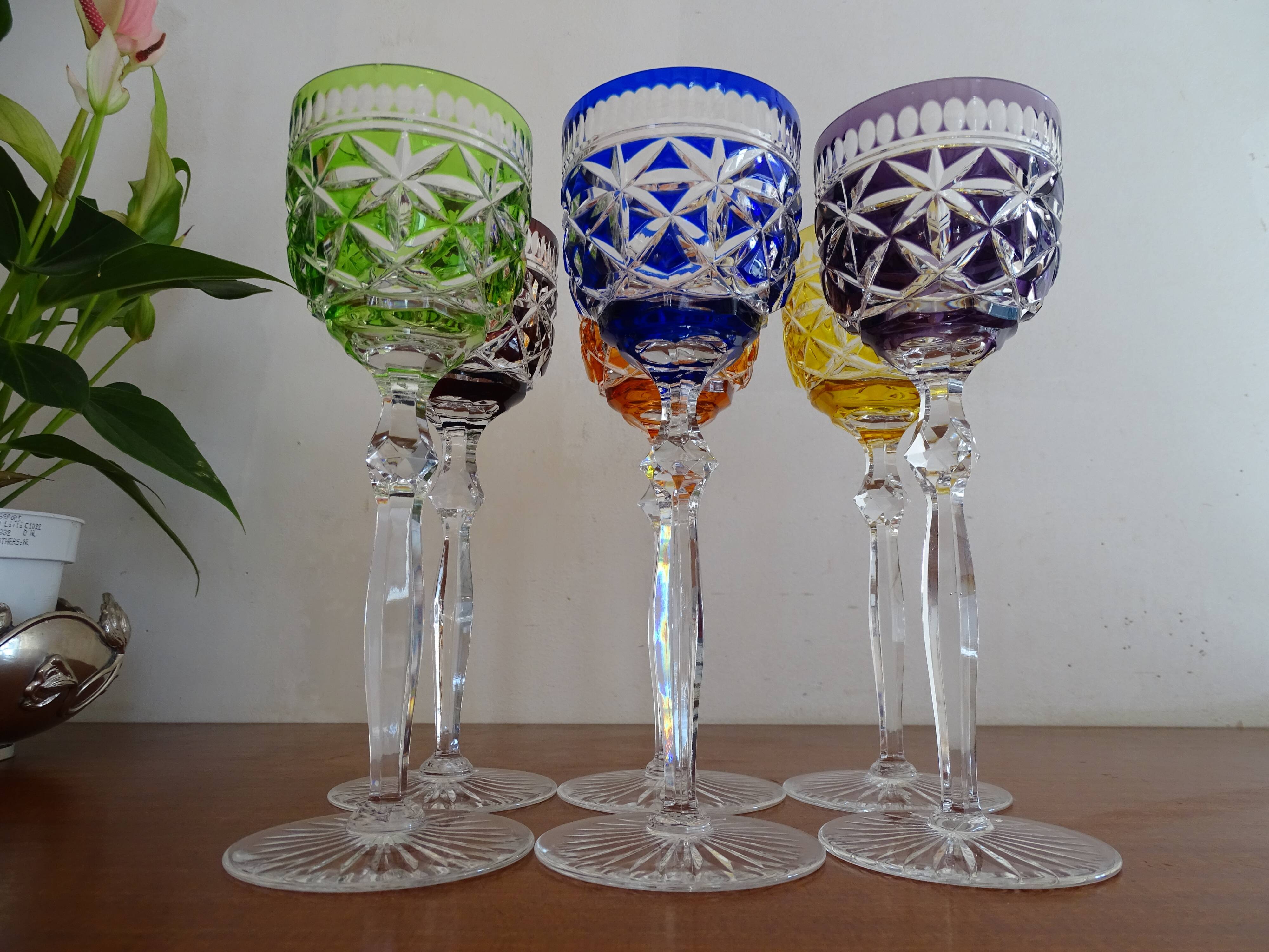 6 glasses of Bohemian crystal wine colored feet stars